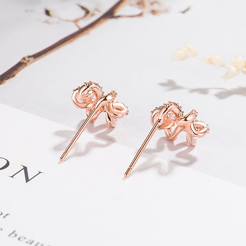 Korean Live Broadcast Hexapetalous Flowers Rose Gold Full Diamond Flower Earrings