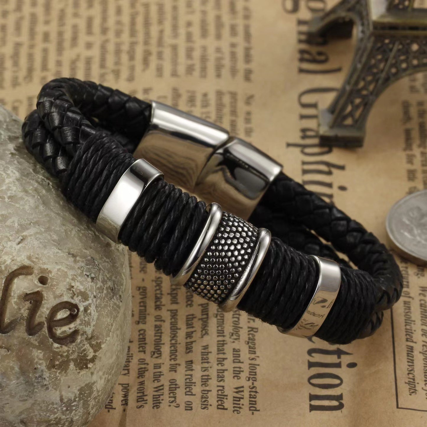 Men's Weaving Exquisite Titanium Steel Leather Couple Stainless Magnetic Bracelets