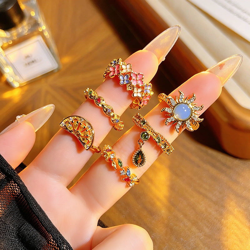 Palace Style Colored Gems Sunflower Open French Retro Flower Twin Ring