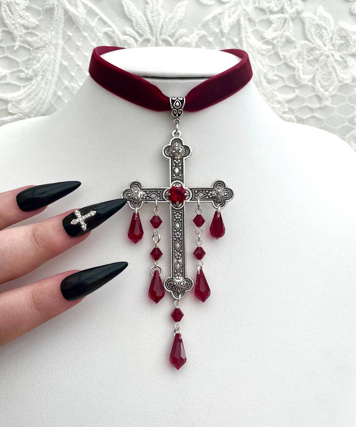 Big Cross Gothic Vampire Sier Pendant Necklaces