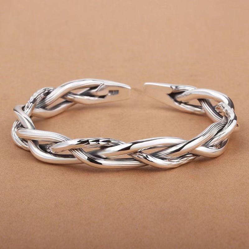 Sier Retro Three-strand Twist Simple Light Luxury Distressed Versatile Opening Bracelets