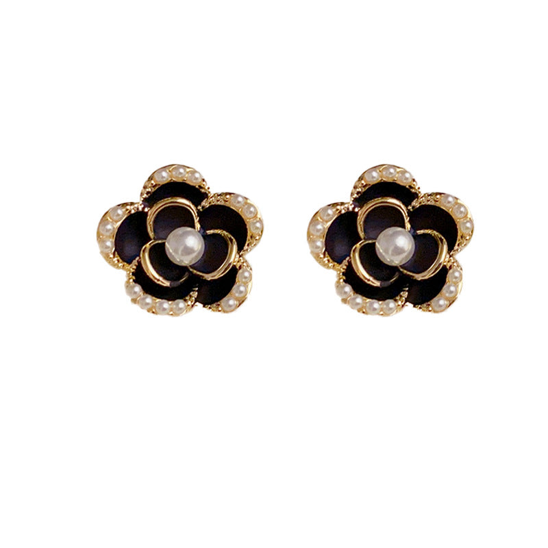 Women's Retro Fashion Black Camellia High-grade Sier Needle Temperament Earrings