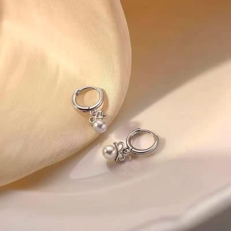 Sier Needle Tassel Bow Artificial Pearl Female Ear Buckle