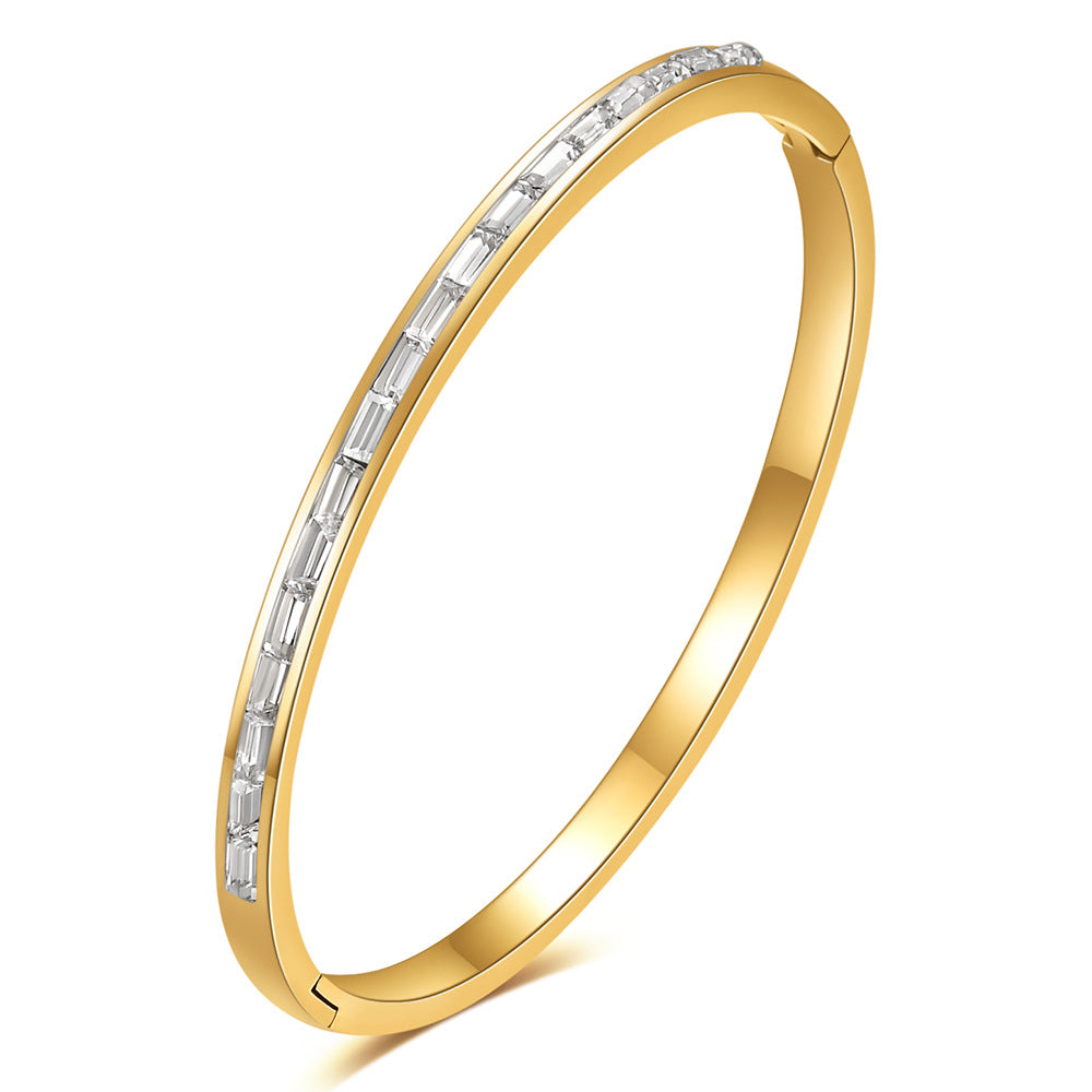 Simple Strip Inlaid Zirconium Stainless Steel Oval Open-ended Bracelet