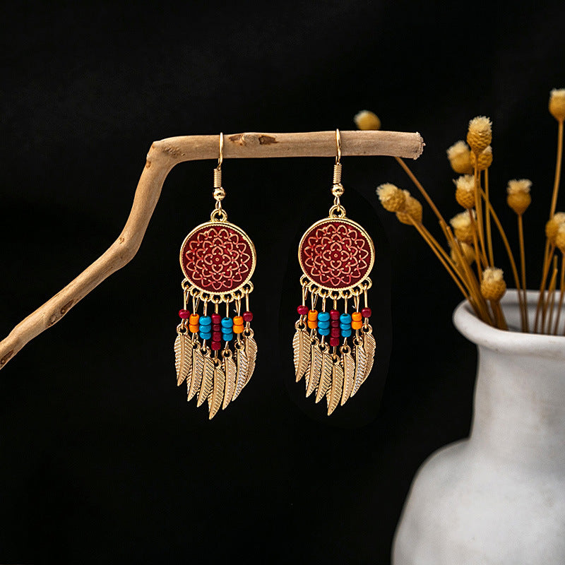 Ethnic Style Imitation Miao Sier Colorful Long Feather Tassel Earrings