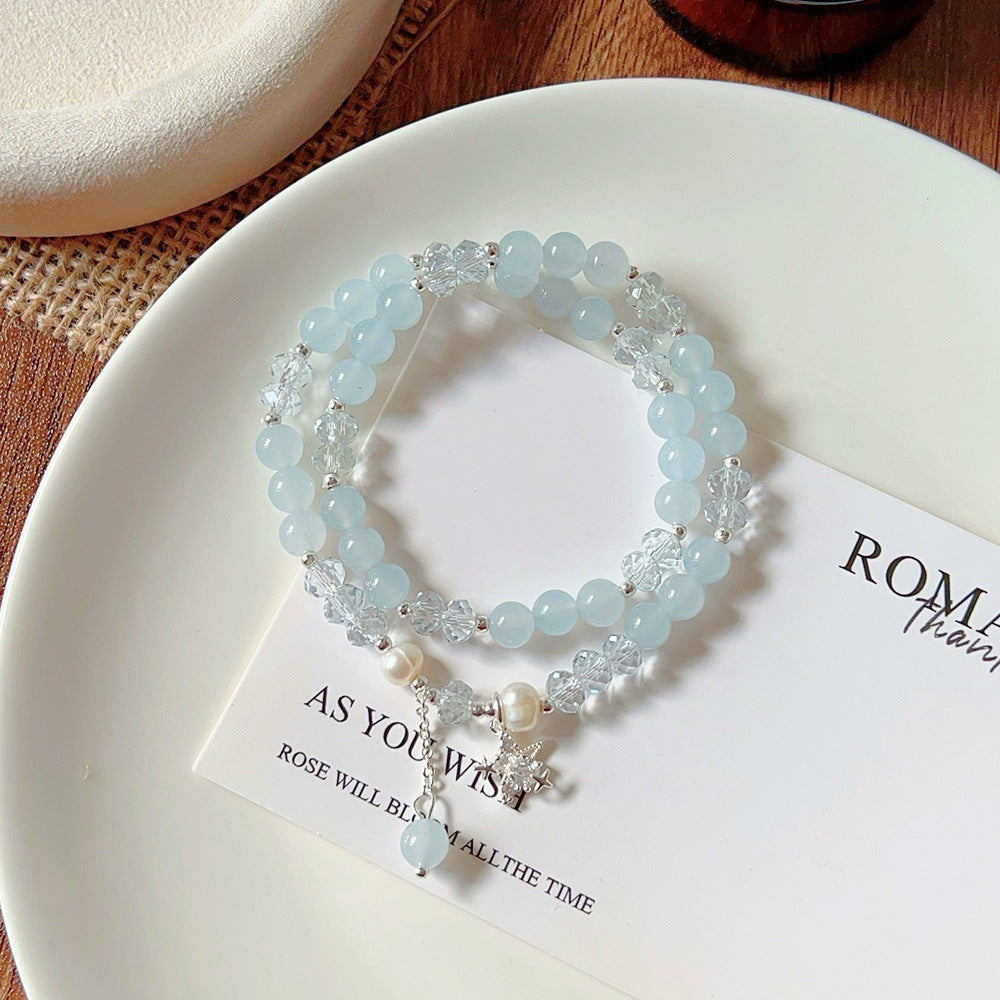 Aquamarine Crystal Korean Style High Sense Pearl String Beads Bracelet