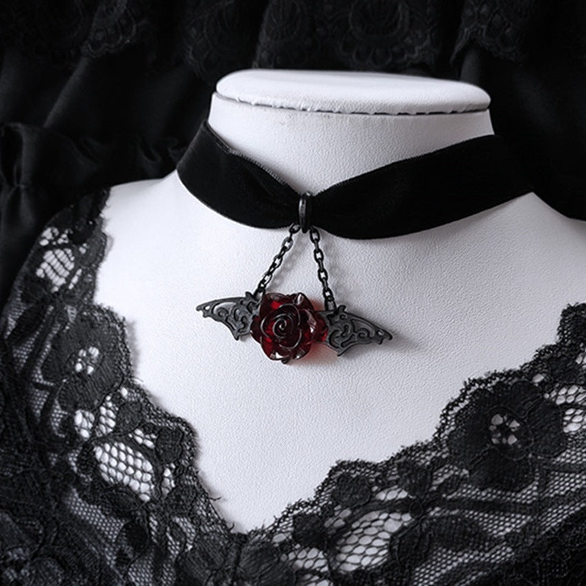 Gothic Red Rose Bat Wings Choker Necklaces