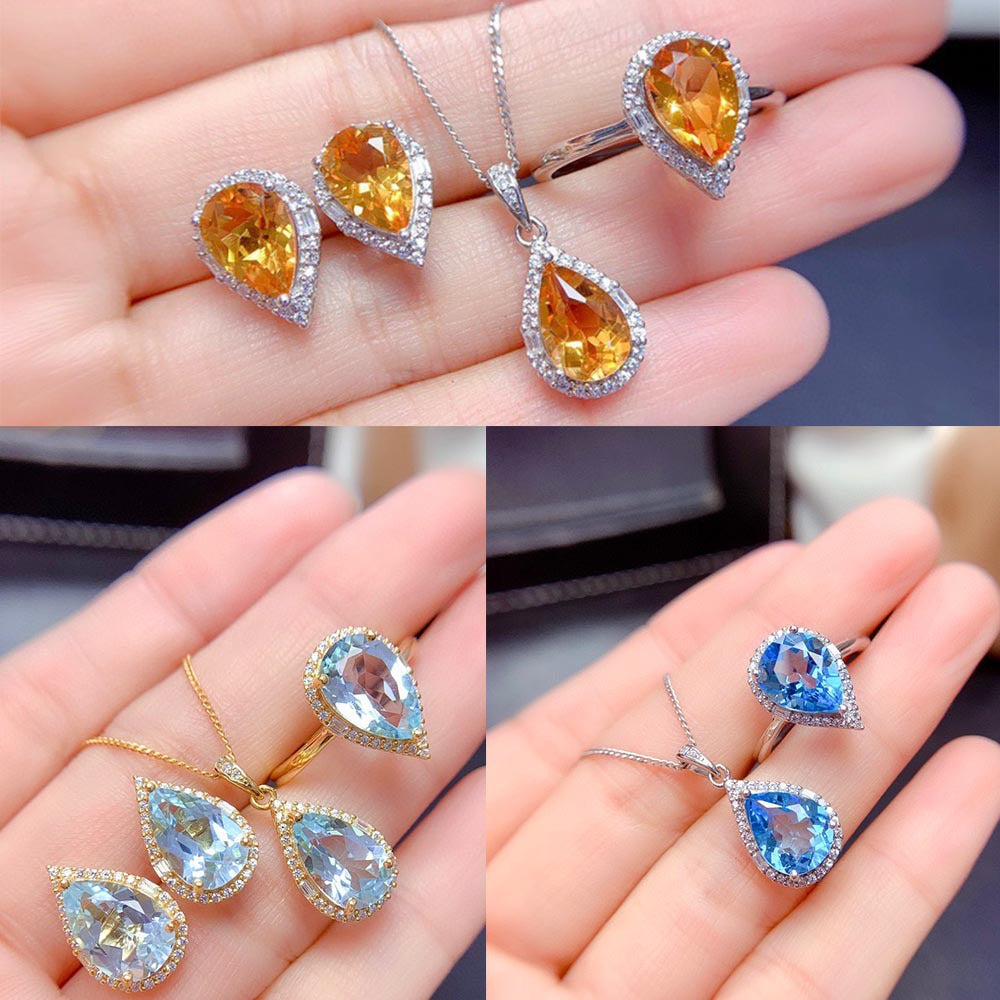 Women's Imitation Natural Blue Switzerland Topaz Eardrops Droplet Type Lucky Citrine Necklaces