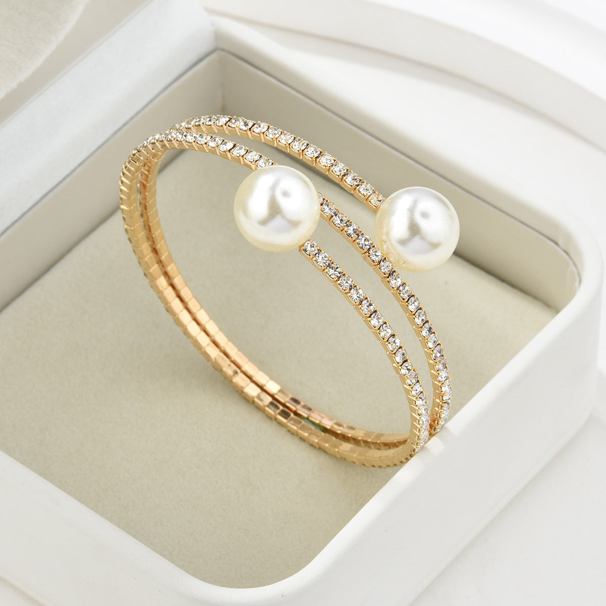 Fashion Bridal Elegant Shiny Rhinestone Pearl Single Row Hand Bracelet