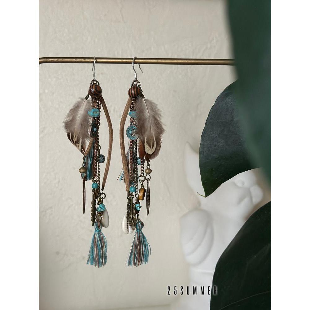 Women's Wandering Style Feather Tassel Retro Ethnic Rings