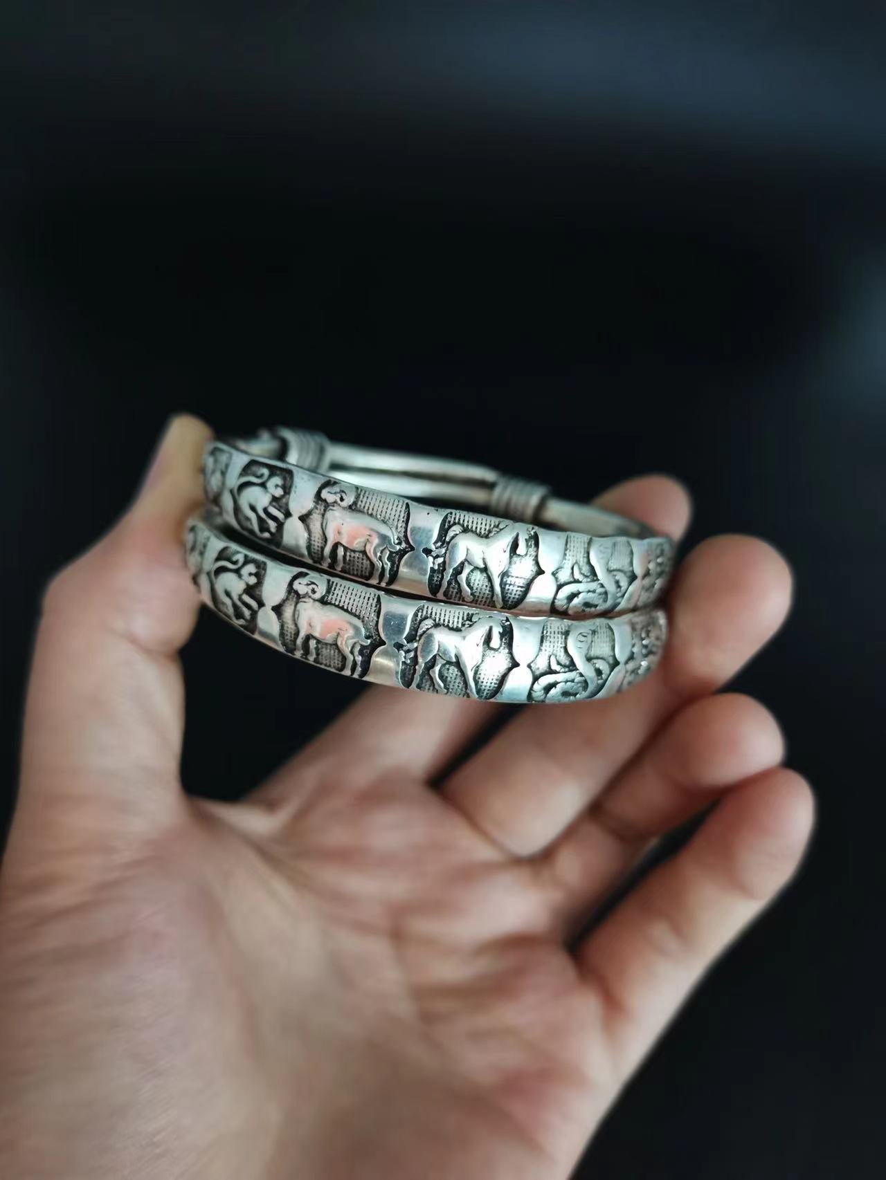 Tibetan Sier Miao Vintage Ethnic Style Fu Lu Shou Plated Bracelet
