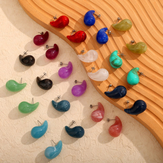 Fashion Simple Casual Style Resin Water Drop Shape Titanium Steel Earrings