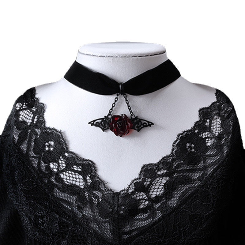 Gothic Red Rose Bat Wings Choker Necklaces