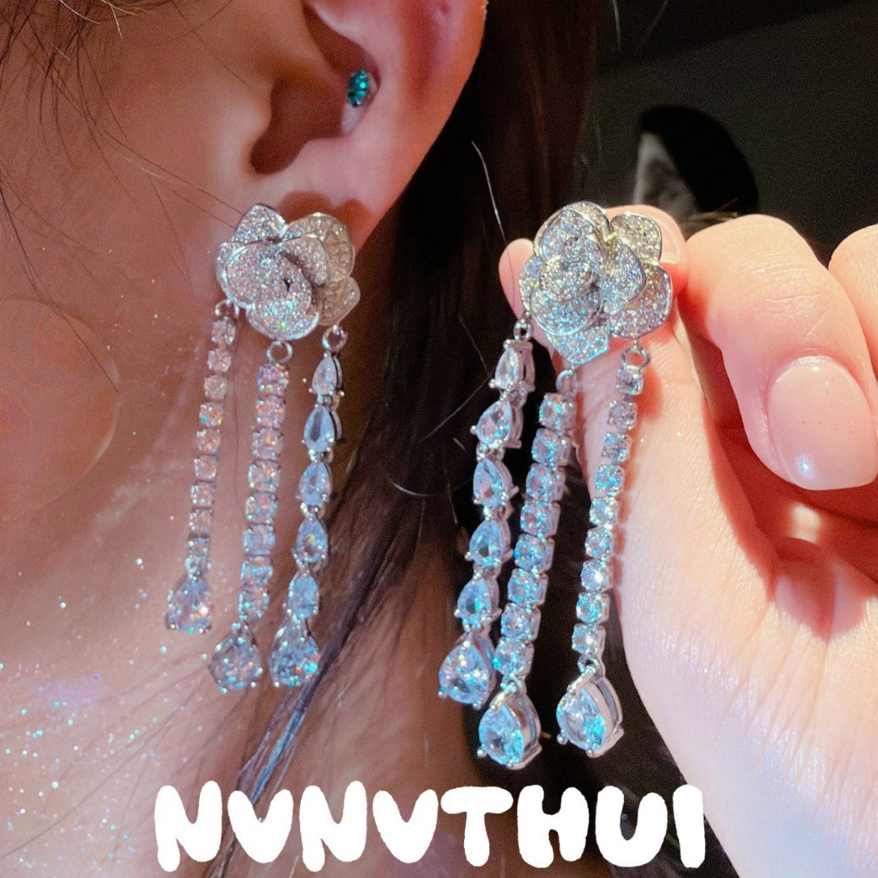 Flower Gem Gold-plated Zircon Full Diamond Clavicle Chain Earrings