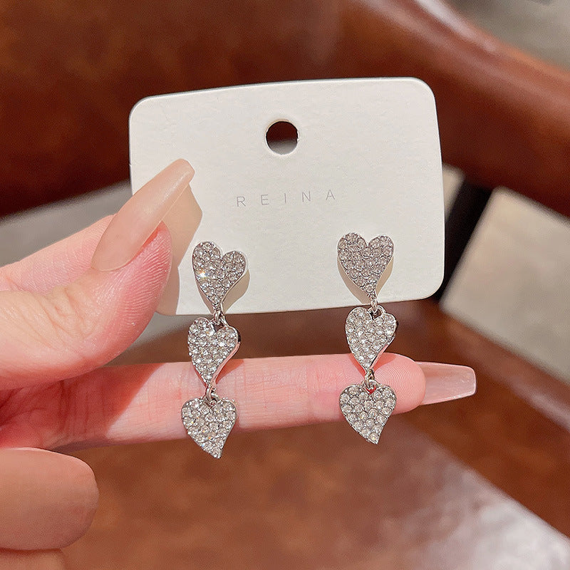 Design Heart-to-heart Fully Jeweled Loving Heart Tide Light Luxury Earrings