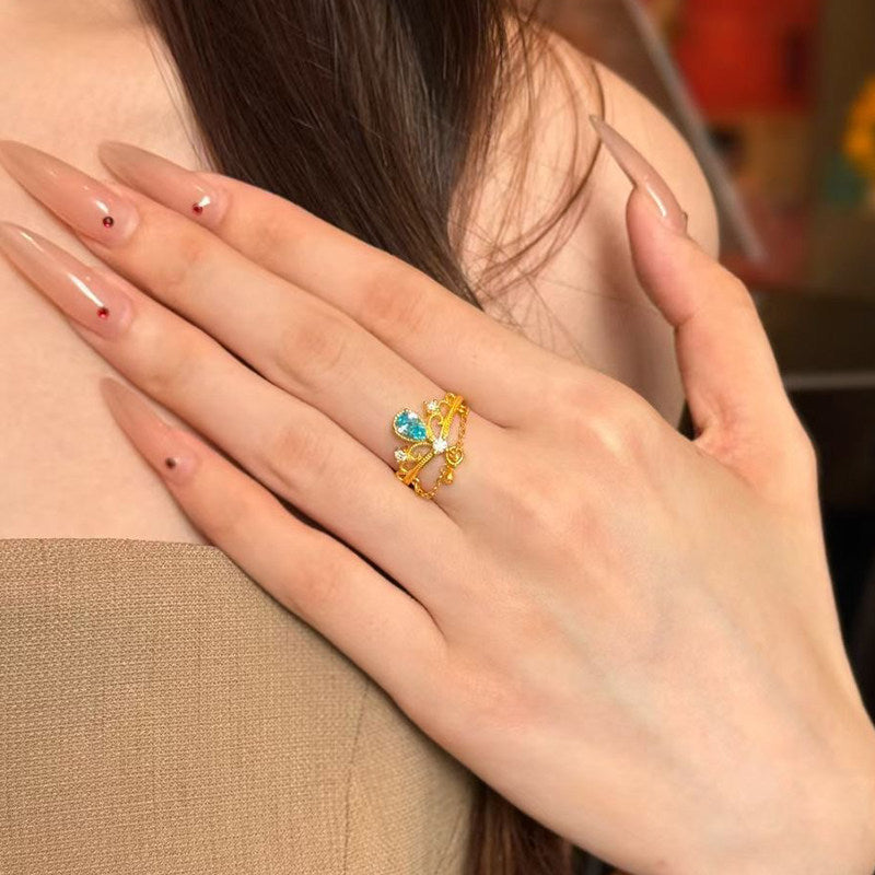 Temperament Crown Female Vintage Court Style Blue Zircon Ring