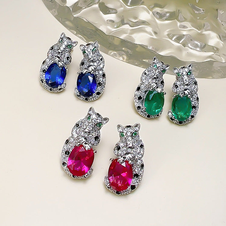 Retro Colored Gems Leopard High Carbon Diamond Light Luxury Earrings