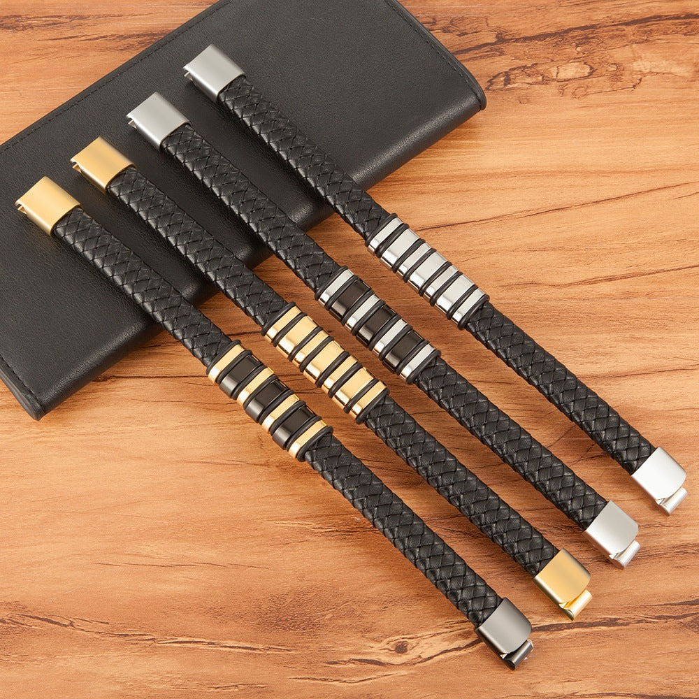 Men's Fashion Woven Rope Black Leather Simple Stainless Steel Bracelets