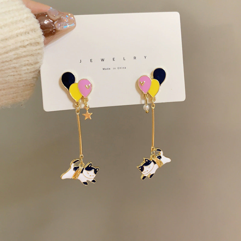 Needle Sweet Cartoon Cat Contrast Color Earrings