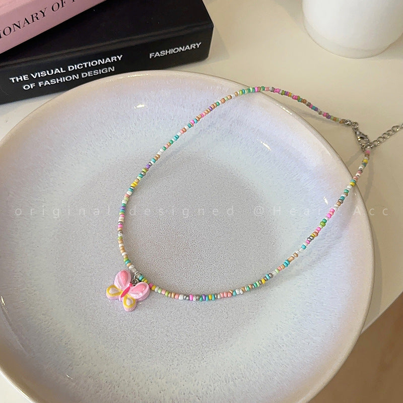 Color Beaded Butterfly Female Sweet Cute Necklaces