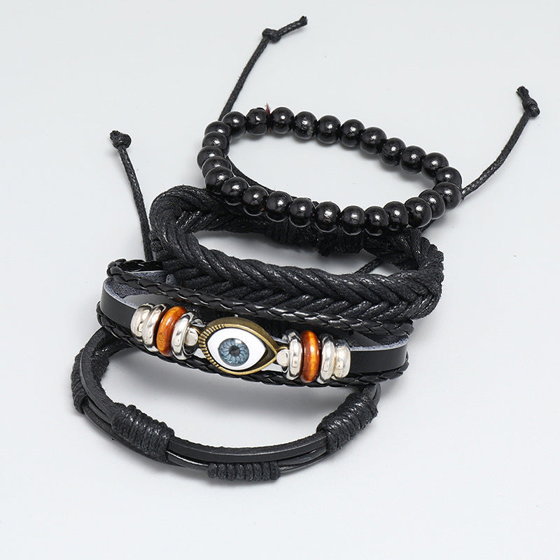 Combination Black Leather Vintage Weave Eye Bracelets