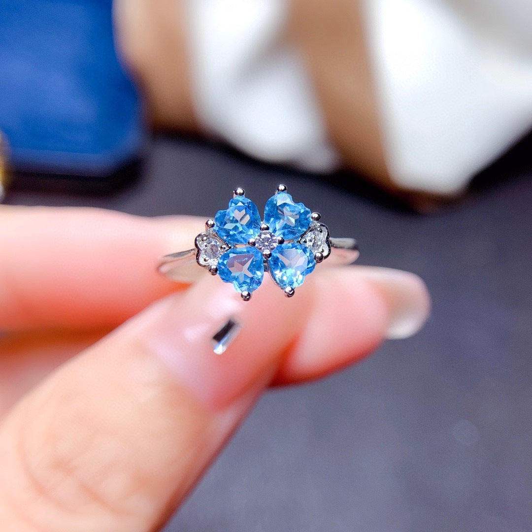 Women's Luxury Clover Swiss Blue Topaz Colored Gems Rings