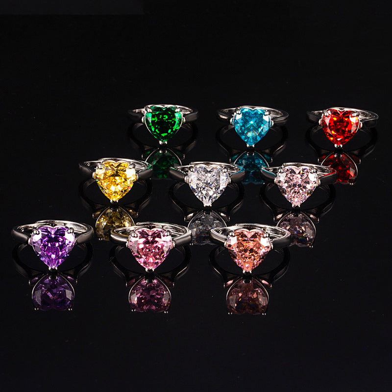 Live Pink Heart-shaped Navy Blue High Carbon Diamond Ice Flower Ring