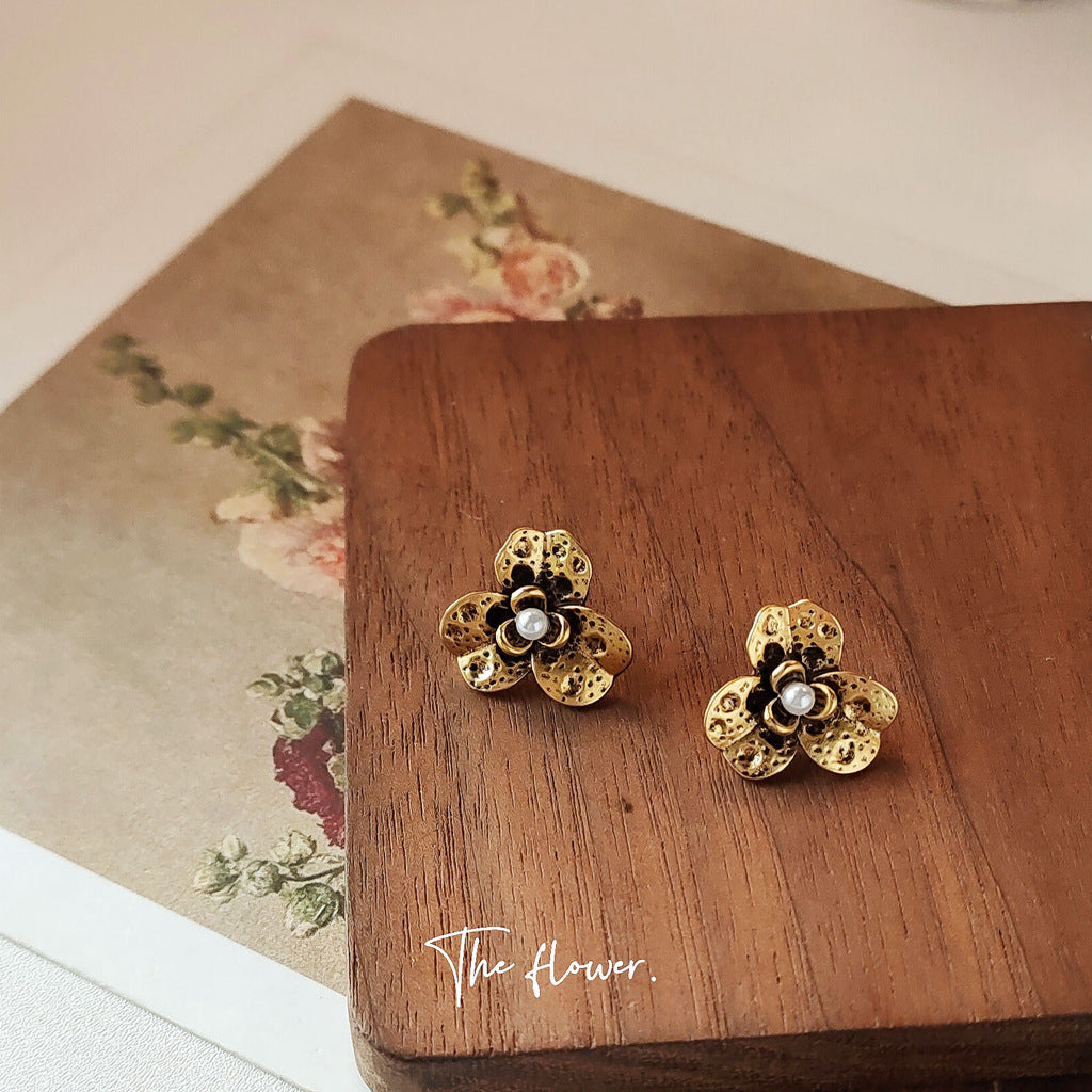 Tarnish Sier Needle Flower Ancient Gold Petal Simple Graceful Eardrops Stud Earrings