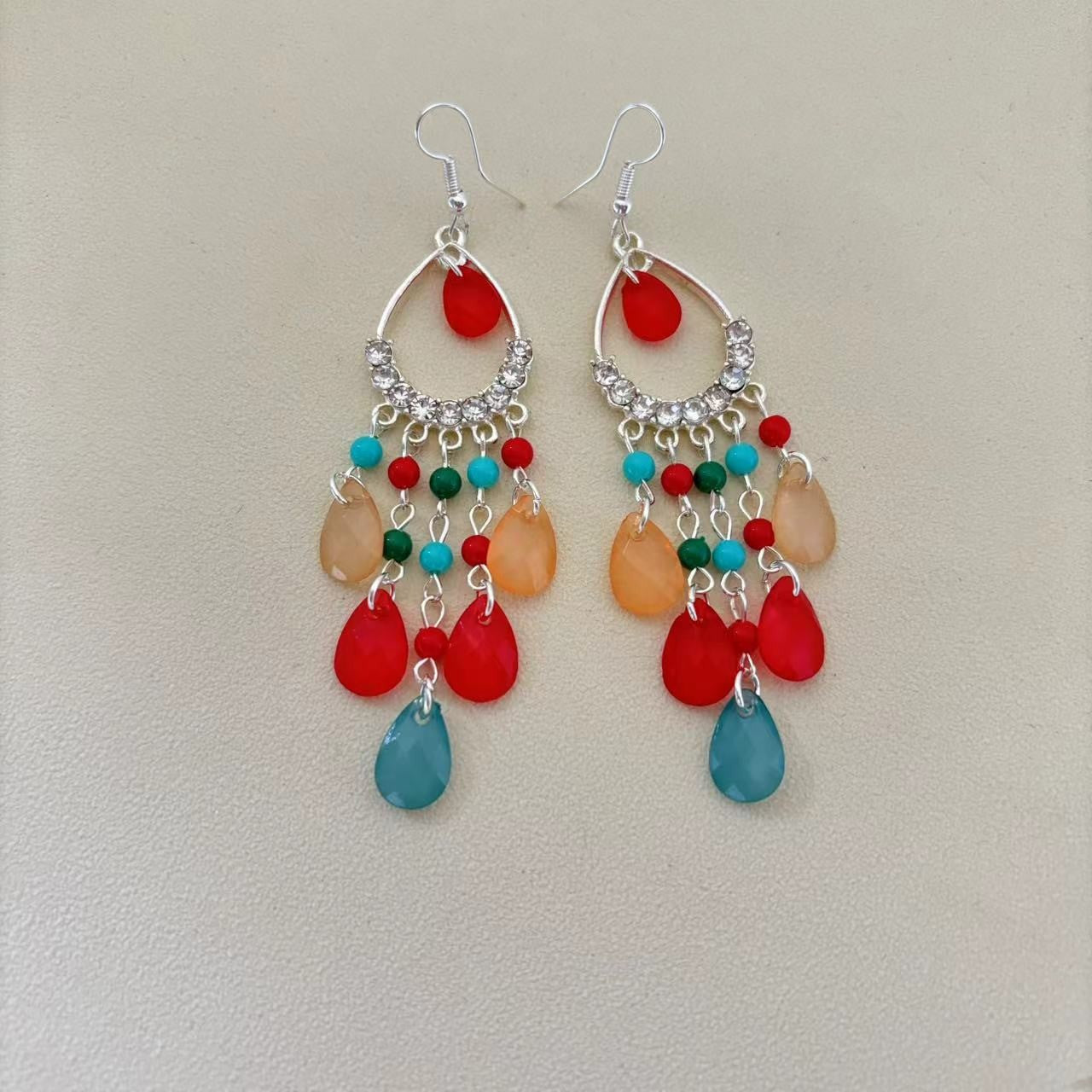 Ethnic Style Tassel Long Bohemian Crystal Yunnan Summer Earrings
