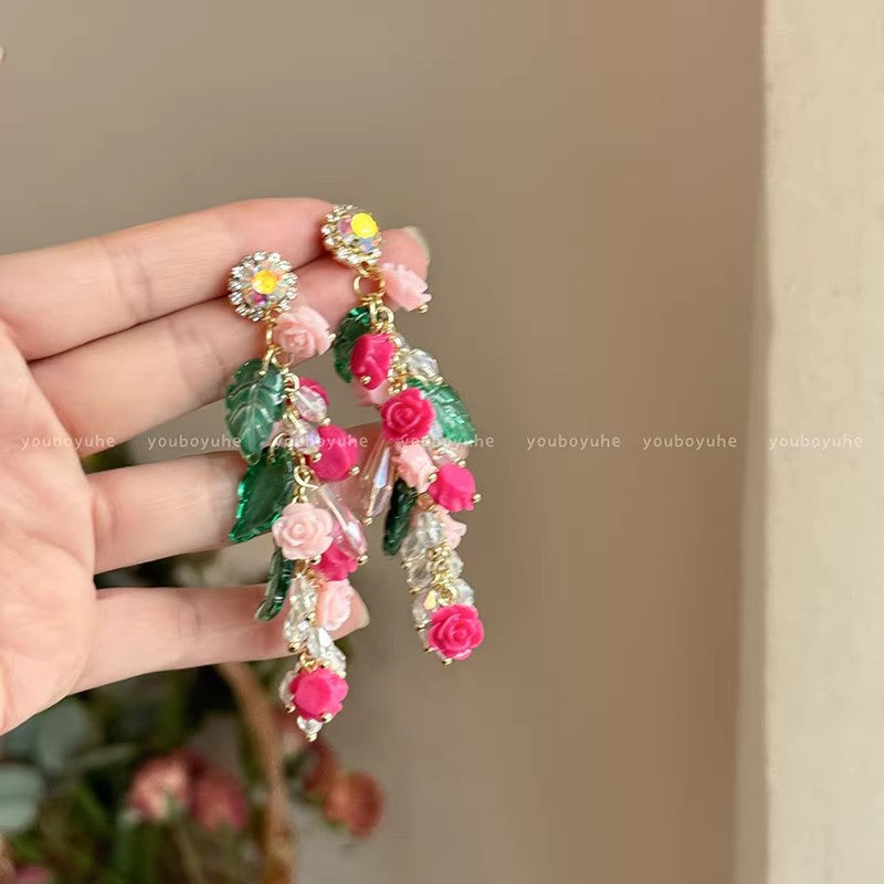Fresh Flower Elegant Long Tassel Beaded Niche Earrings