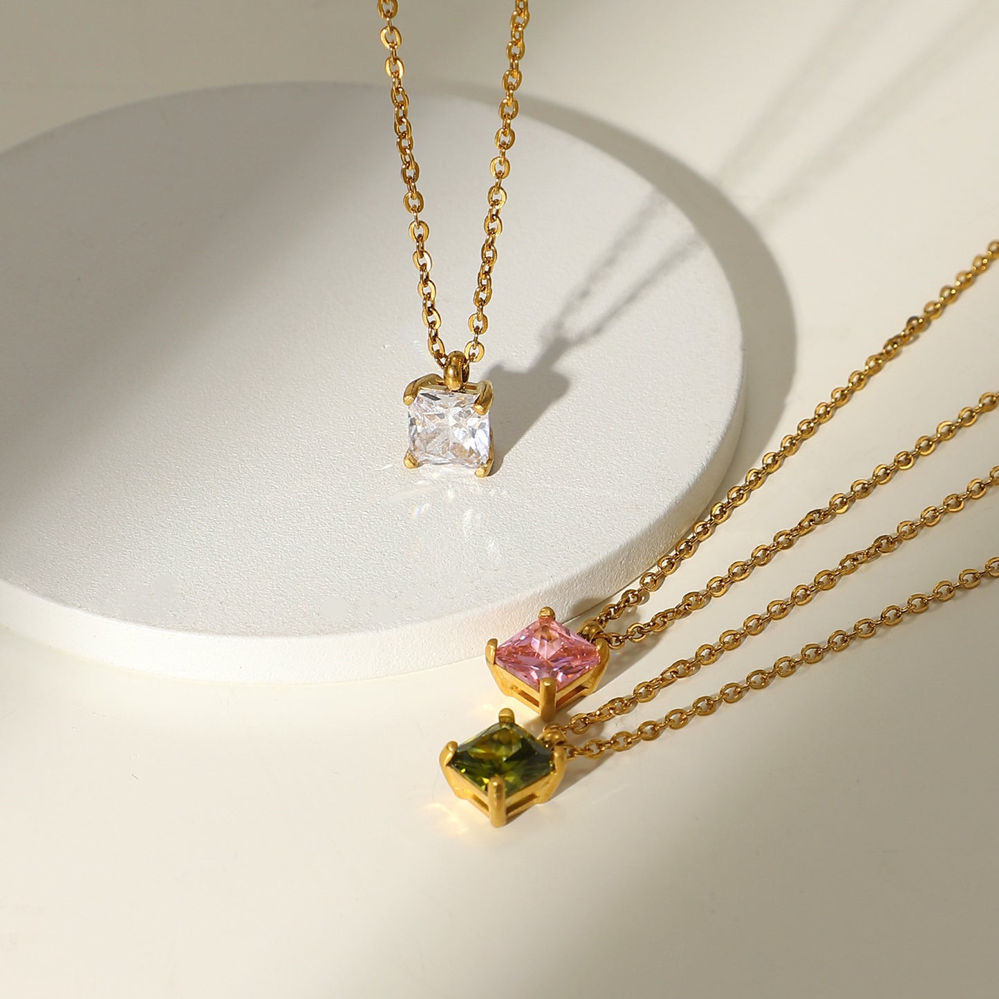 Women's Gold Stainless Steel Square Zircon Pendant Necklaces