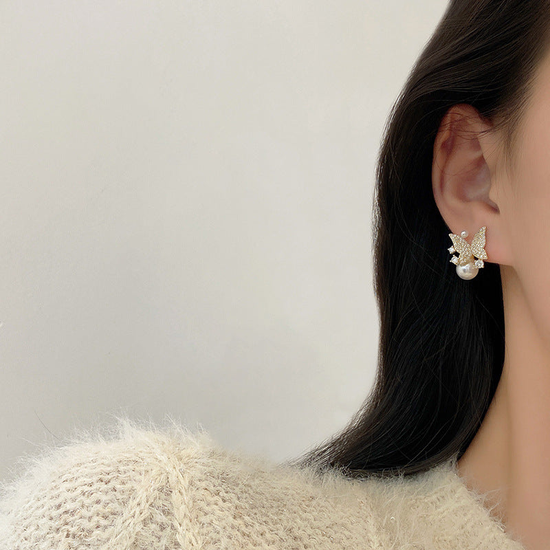 Women's Pearl Diamond Butterfly Trendy Stylish Simple Stud Earrings