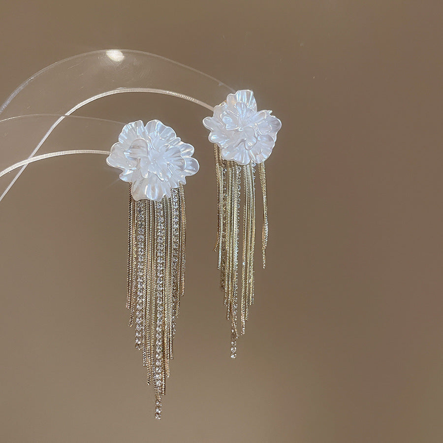 Sier Needle Water Drop Pearl Tassel Long Retro Rings