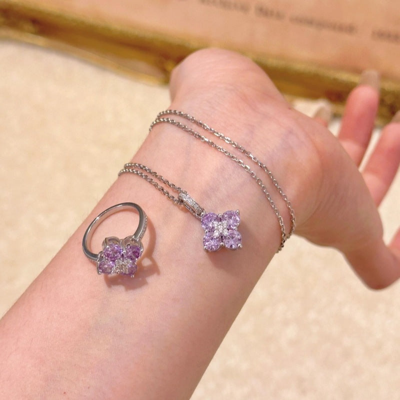 Women's Light Luxury Sweet Potato Purple Diamond Clover Jewelry Set