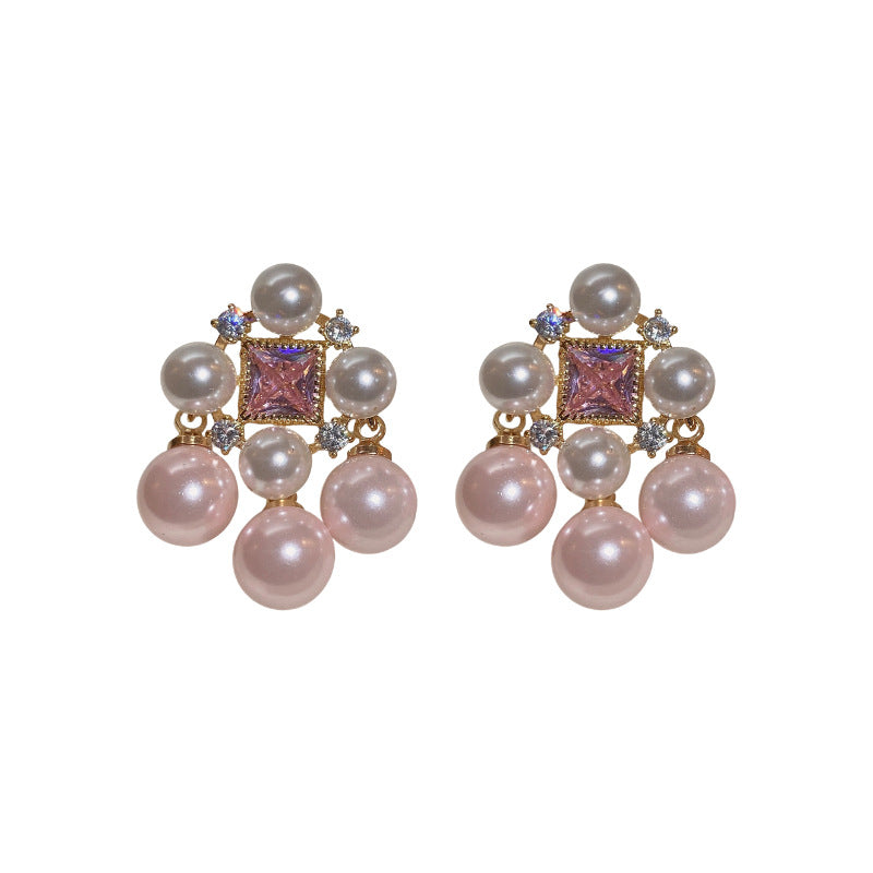 Women's Square Zircon Pearl Tassel Palace Style Earrings