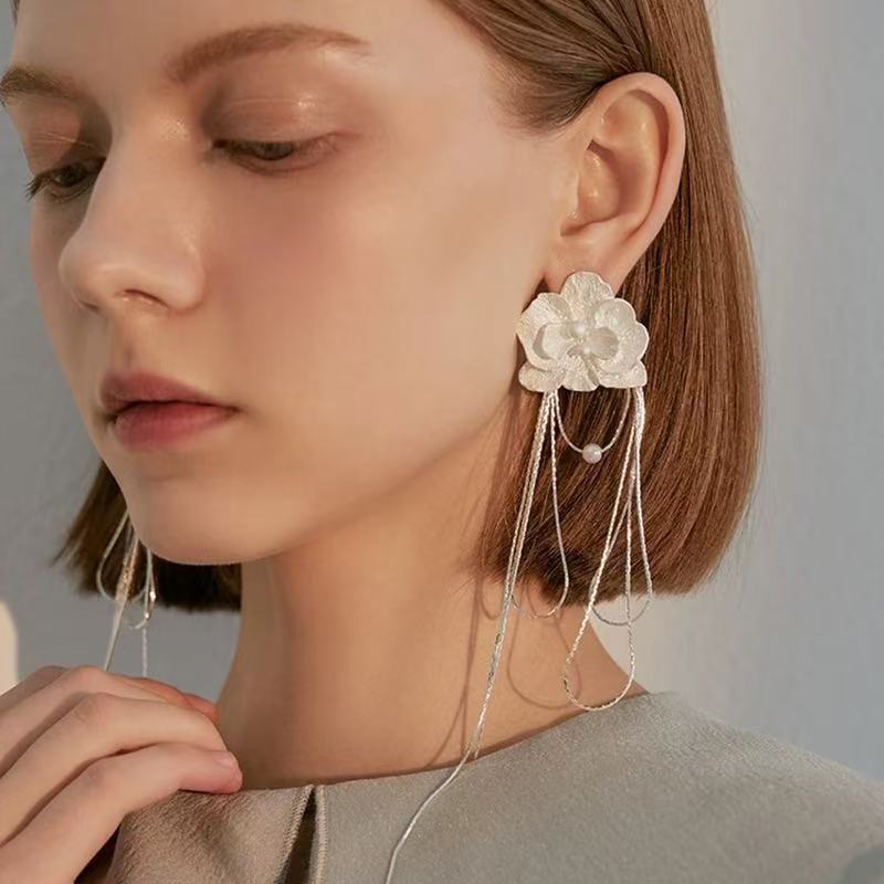Fairy Flowers Phalaenopsis Long Tassel Niche High-grade Sier Needle Frosty Earrings