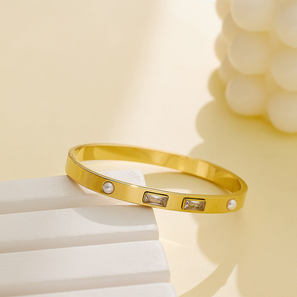 Women's Pearl Titanium Steel High-grade Zircon Buckle Bracelet
