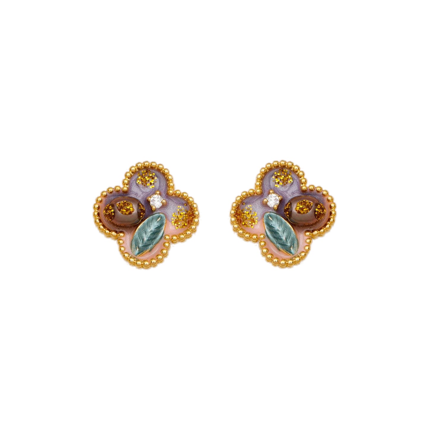 Women's Trendy Style Enamel Four Leaf Clover Ear Freshwater Rings