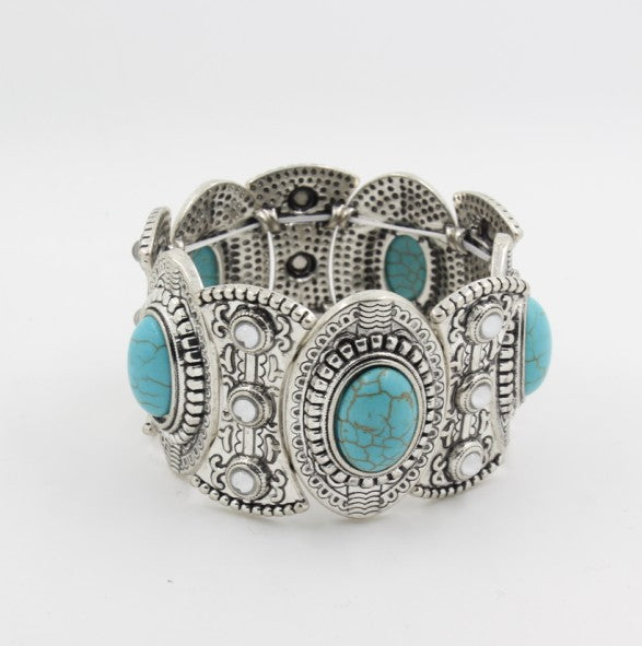 Fashion Retro Textured Hollow Inlaid Turquoise Bracelet