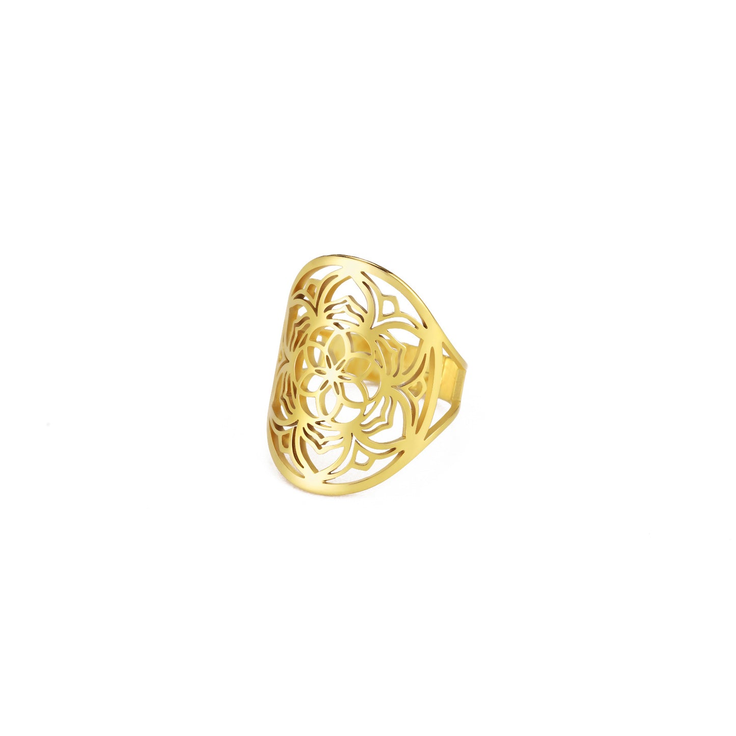 Small Titanium Steel Cut Hollow Exaggerated Hip Hop Hexapetalous Flowers Ring