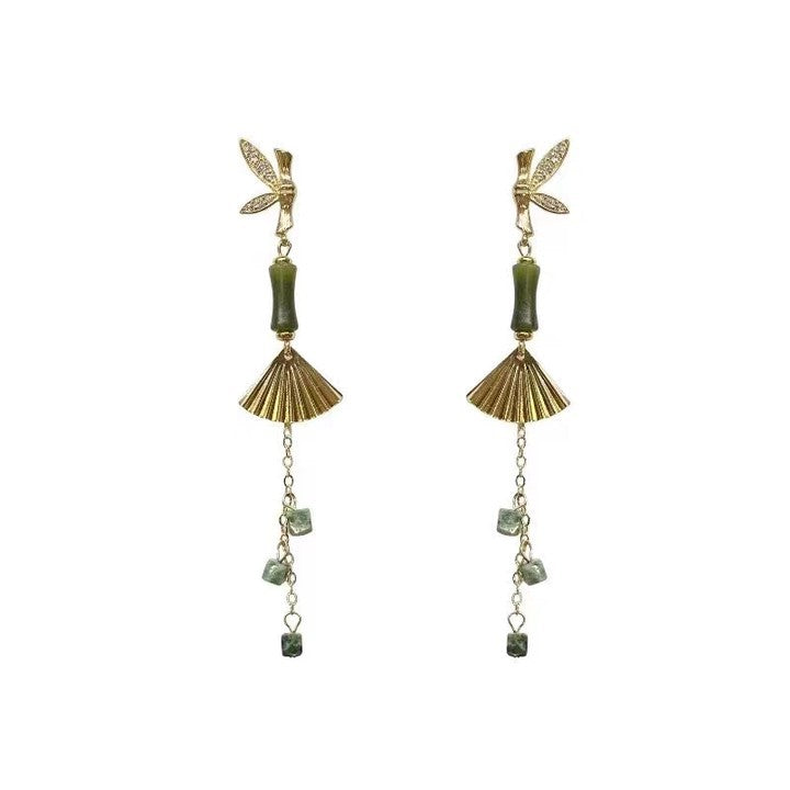 Women's Sier Needle Bamboo Fan-shaped Tassel Chinese Earrings