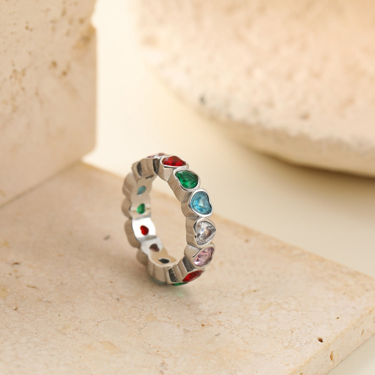 Stainless Steel Multicolor Zircon Female Retro Affordable Luxury Ring