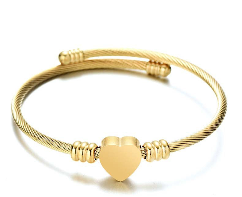 Stainless Steel Cable Wire Titanium Peach Heart Love Lettering Bracelet