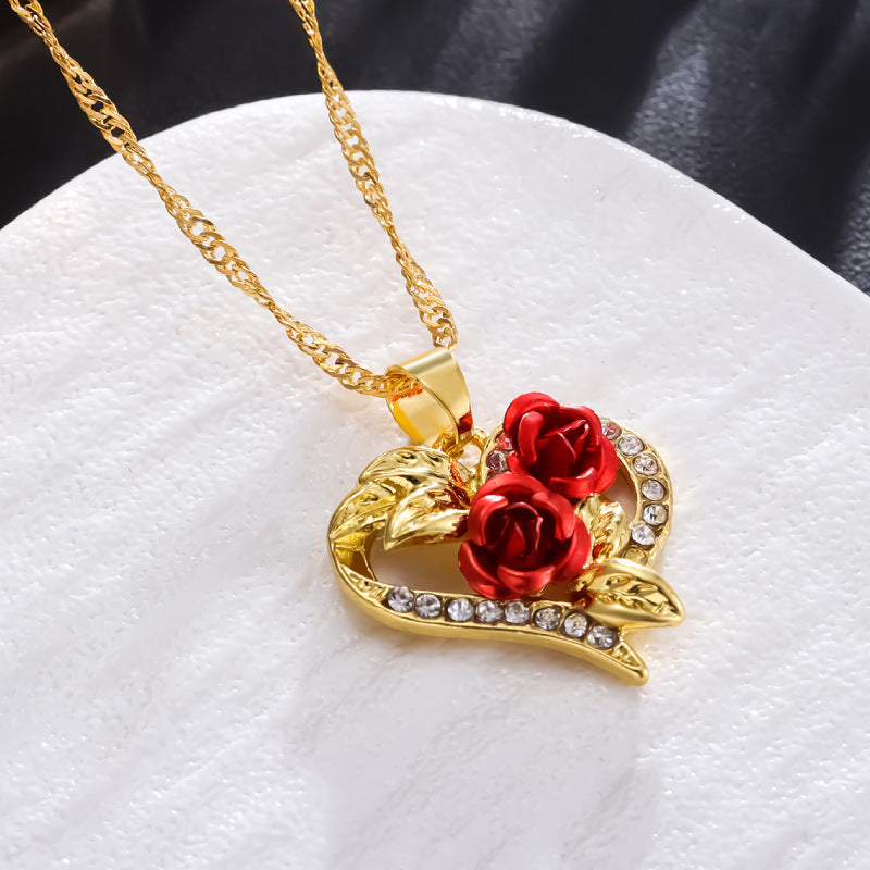 Unique Heart-shaped Red Rose Fashion Diamond Necklace