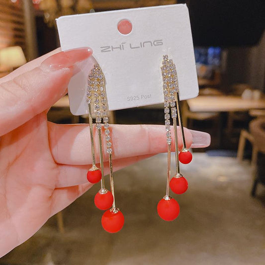 Needle Red Pearl Tassel Eardrops Female Earrings