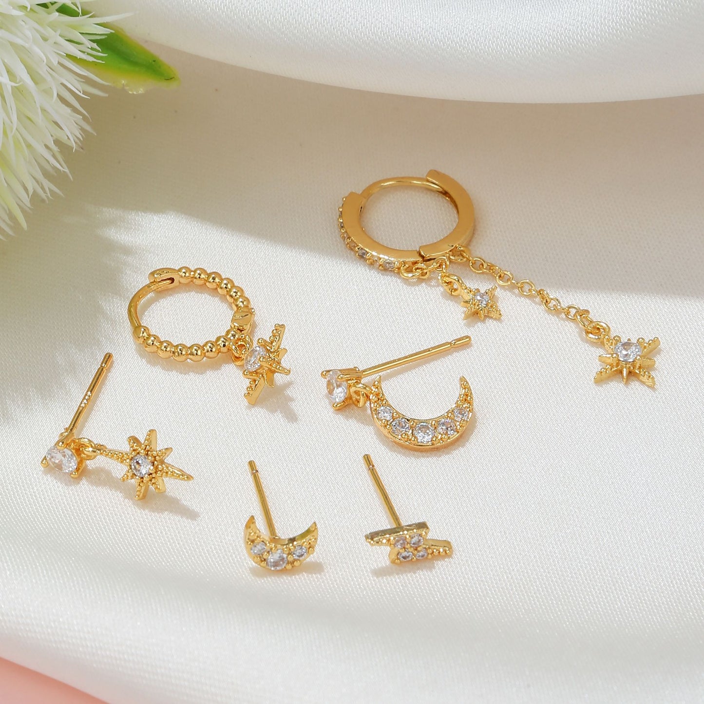 Moon Asymmetric Set Fashion Zircon Earings Rings