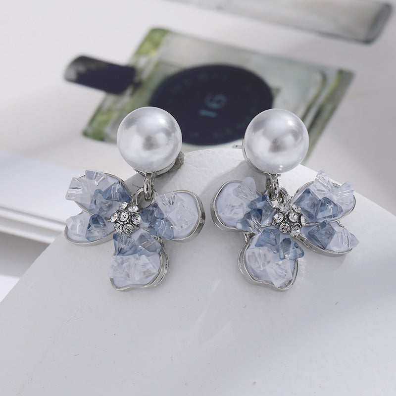 Blue Sweet Bow Pearl Female Graceful Earrings