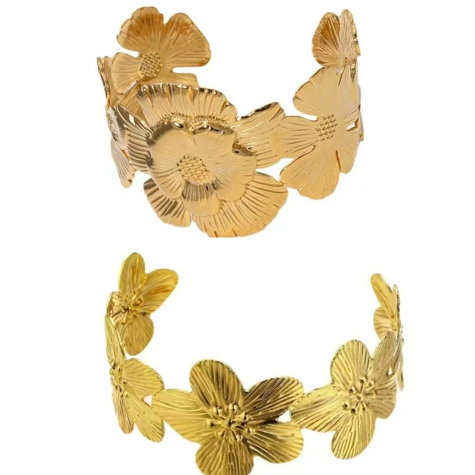 Retro With Opening Metal Exaggerated Design Flower Stainless Steel Bracelets