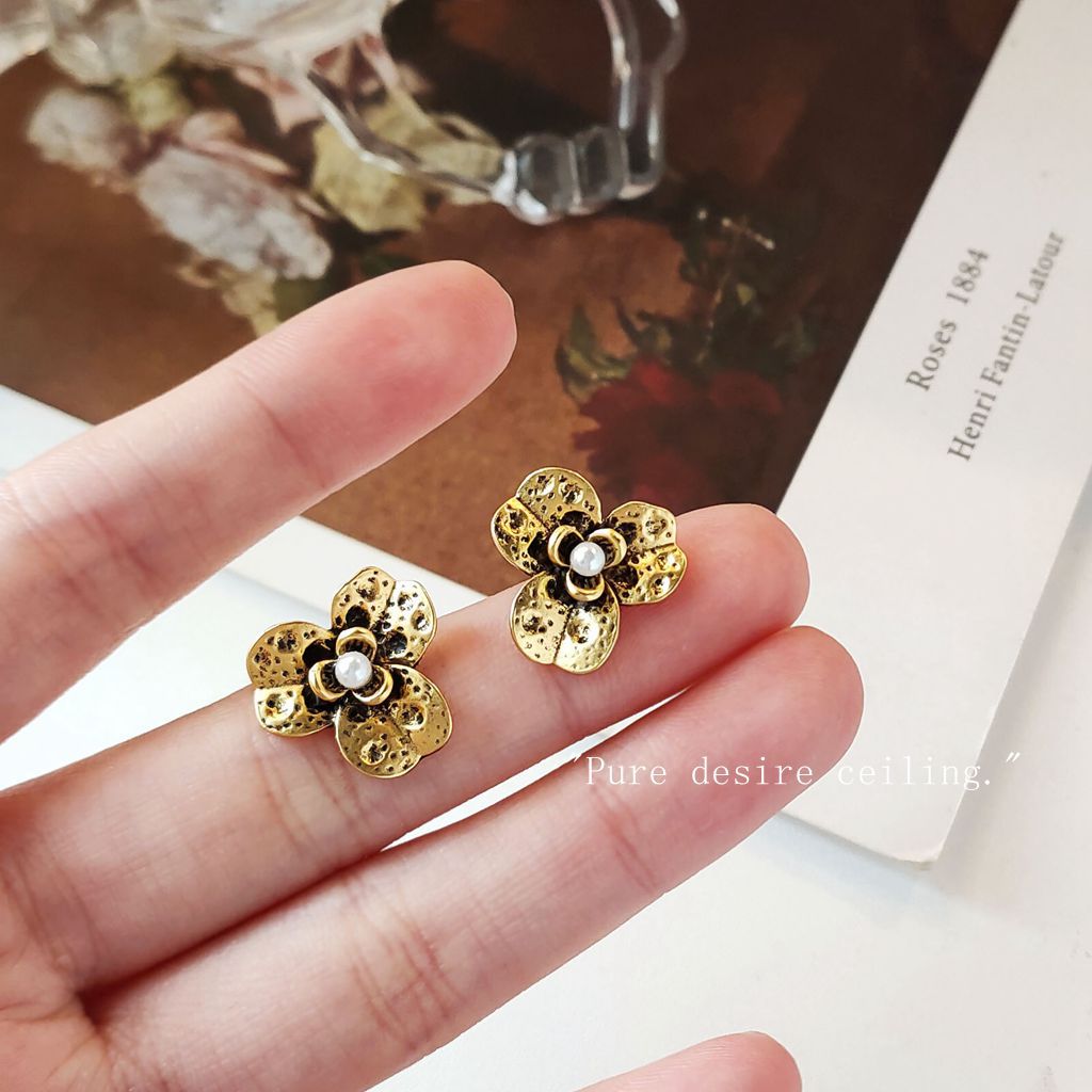 Tarnish Sier Needle Flower Ancient Gold Petal Simple Graceful Eardrops Stud Earrings