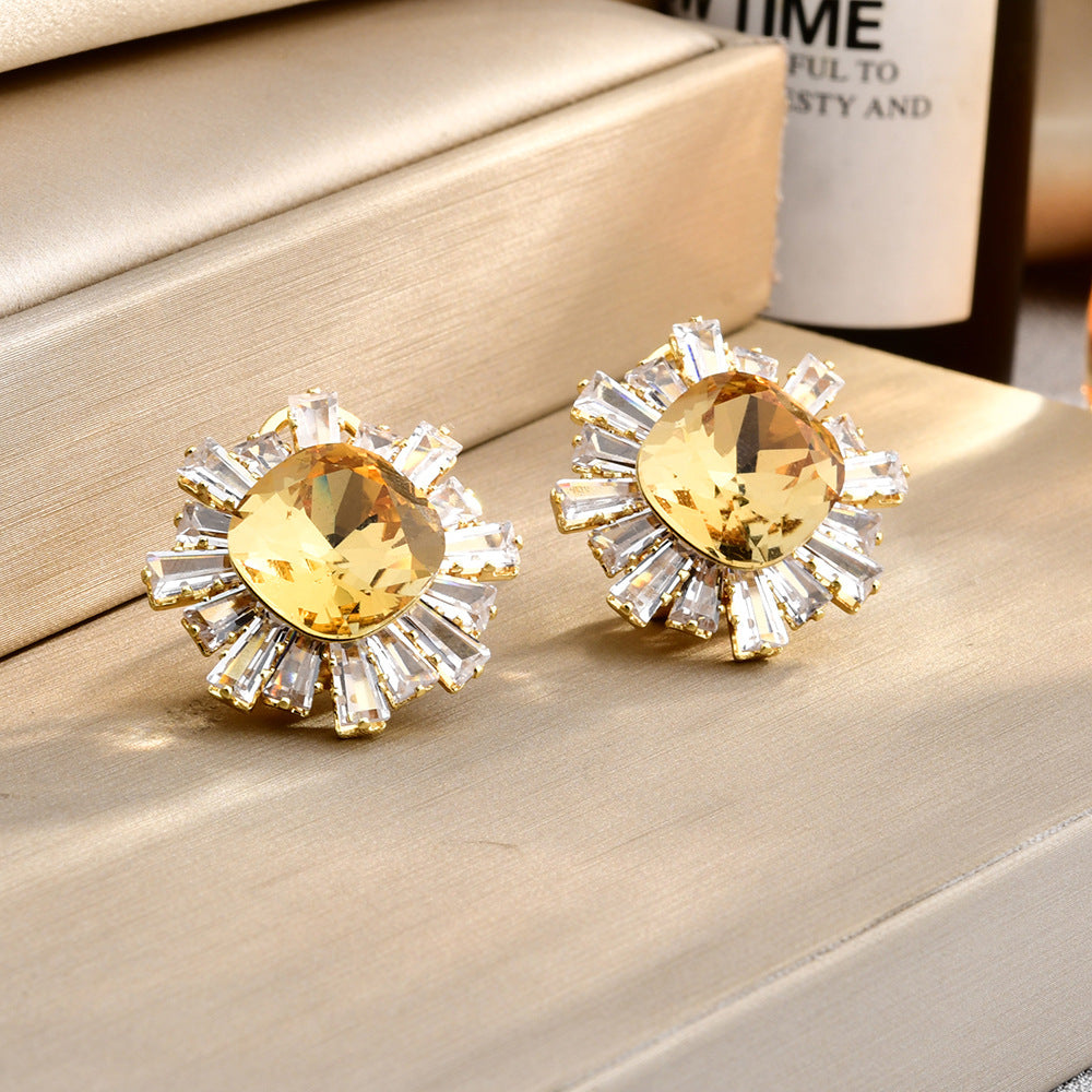 Plating Light Luxury Fashion Full Zirconium Sunflower Super Shiny Refined Earrings